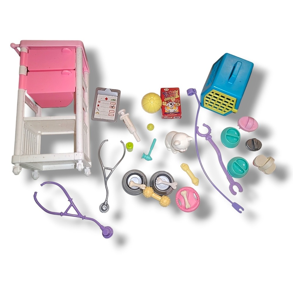 Barbie‎ Pet Vet Accessories Lot Cat Carrier Medical Cart Stethoscope Bowls